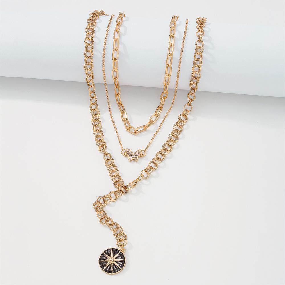 N8872 Baroque retro multi-layer necklace women's full diamond butterfly octagonal punk chain exaggerated pendant necklace