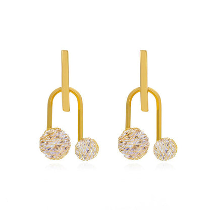 Ins copper inlaid zircon U-shaped geometric earrings French light luxury personality temperament hollow ball earrings earrings