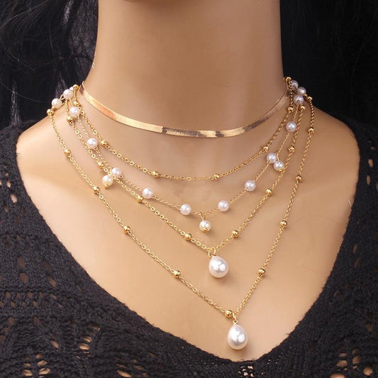 Jewelry imitation pearl pendant necklace cold temperament stacked multi-layer metal chain clavicle chain