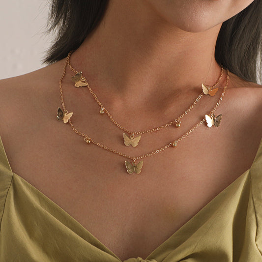 Jewelry Fashion Geometric Butterfly Pendant Necklace Female Simple Copper Bead Pendant Multilayer Necklace