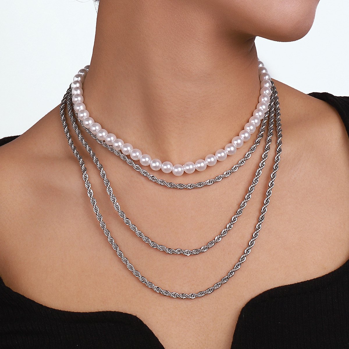 N145 Ethnic Exaggerated Stacked Necklace Pearl Retro Twist Chain Fashion Personality Generous Necklace