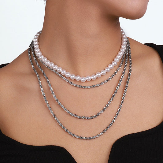 N145 Ethnic Exaggerated Stacked Necklace Pearl Retro Twist Chain Fashion Personality Generous Necklace