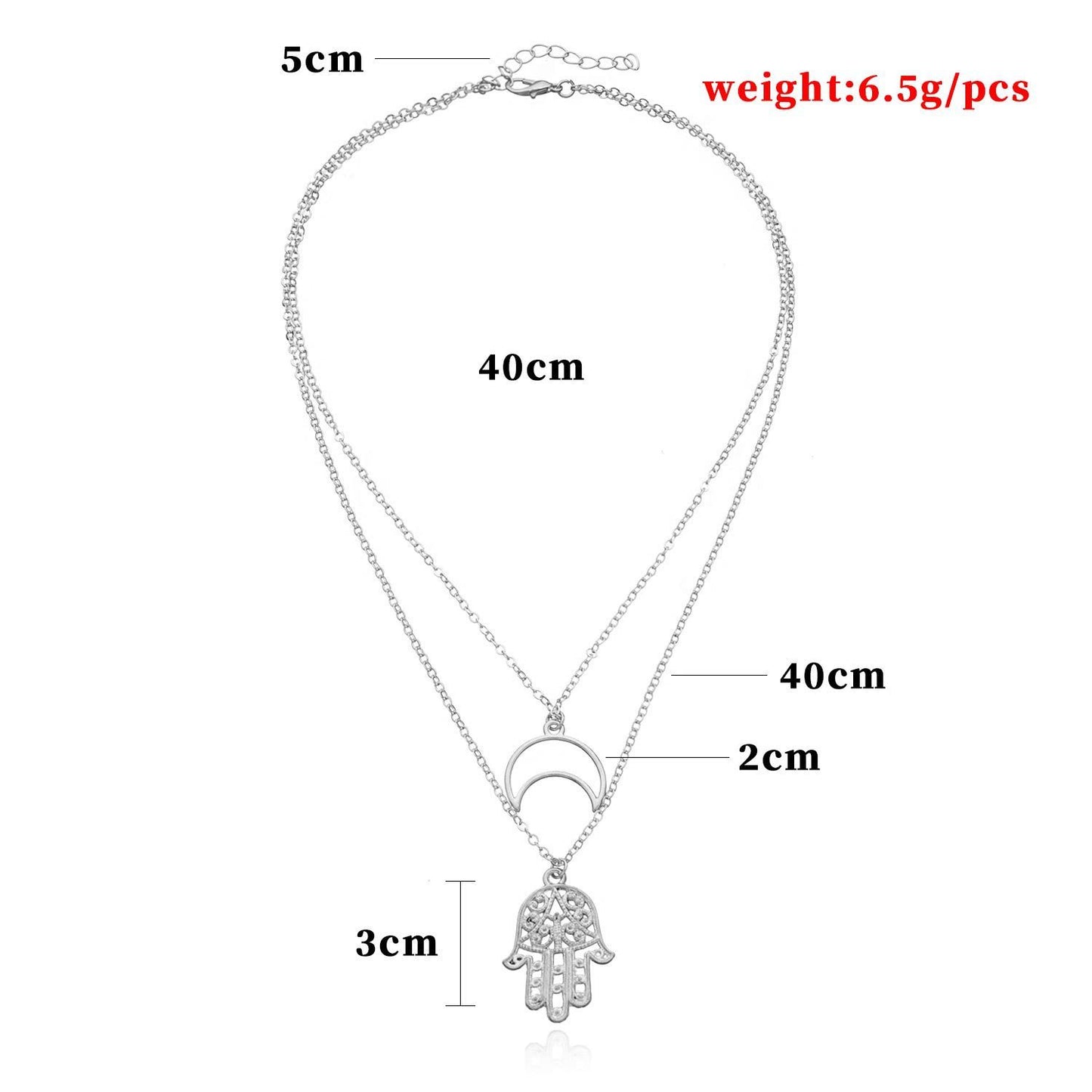 Jewelry Hollow Crescent Moon Fatima Hand Pendant Necklace Female Personality Adjustable Multilayer Necklace
