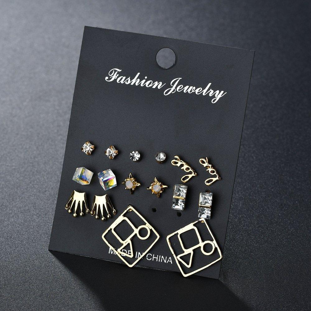 Crown Earrings Letter Love Pearl Diamond Geometric Fashion 8 Pair Stud Earrings Set