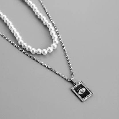 Fashion Simple Personality Versatile Trend Stainless Steel Square Brand Eye Oil Drip Pearl Necklace Men