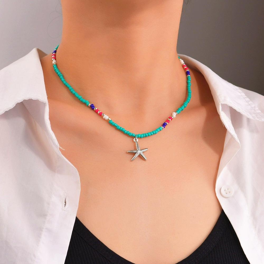 Bohemian Rice Bead Necklace Vintage Fashion Alloy Starfish Pendant Necklace Accessories