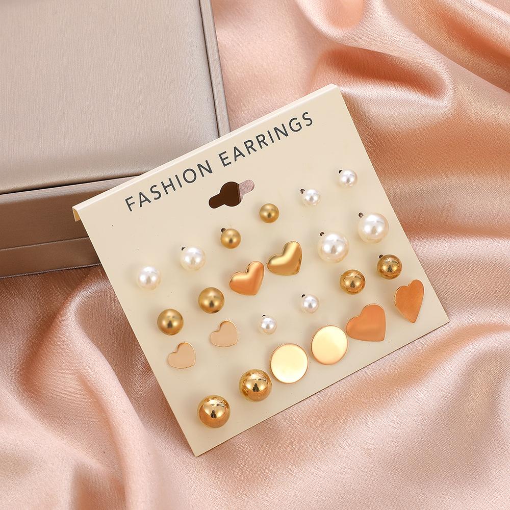 ins simple love pearl earrings set fashion creative geometric peach heart earrings sweet card earrings