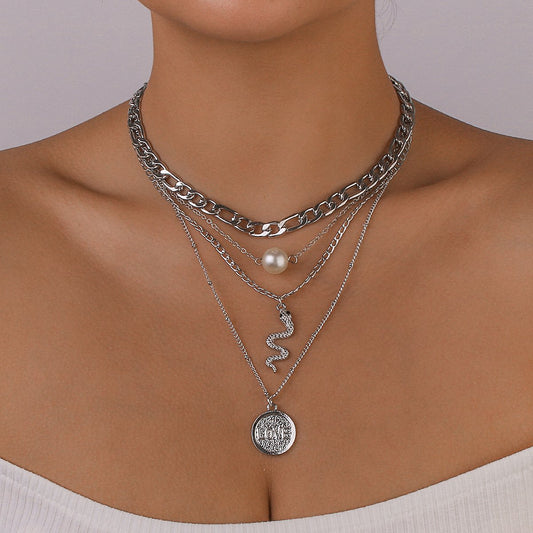N1128 Multilayer Punk Necklace Alphabet Snake Shaped Exaggerated Geometric Necklace Niche Stacked Necklace Women