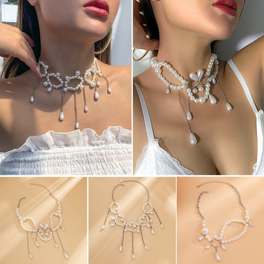 Jewelry Simple Creative Geometric Necklace Temperament Imitation Pearl Tassel Woven Clavicle Necklace Female