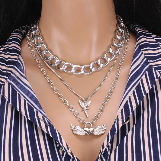 Personality jewelry alloy peach heart lock-shaped diamond-encrusted angel pendant double-layer set chain fashion necklace