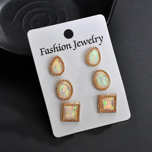 3-to-1 card imitation opal resin earrings personality simple geometric earrings set