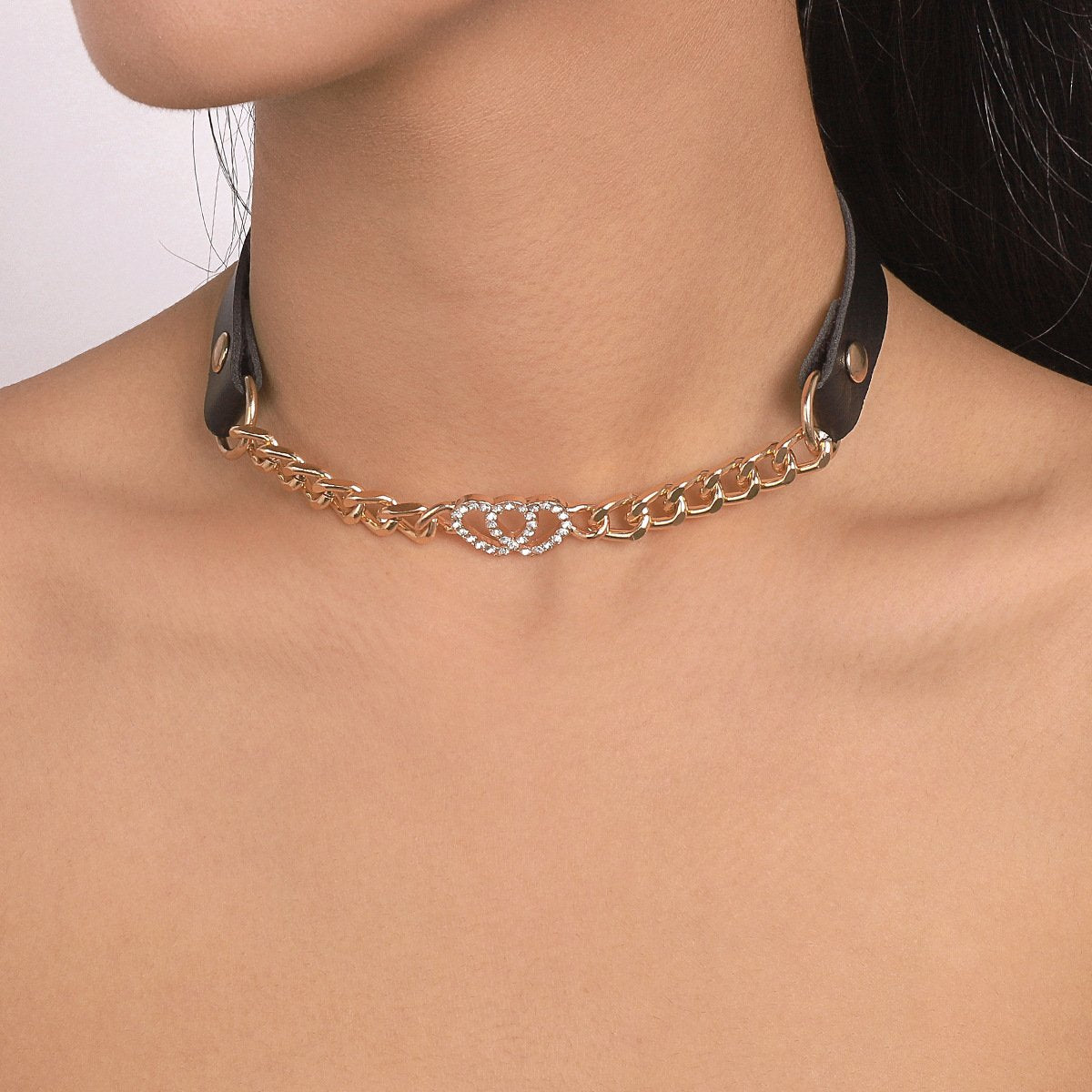 1655 Punk Sweet Cool Necklace Leather Chain Micro-inlaid Heart Necklace Personality Popular Harajuku Necklace