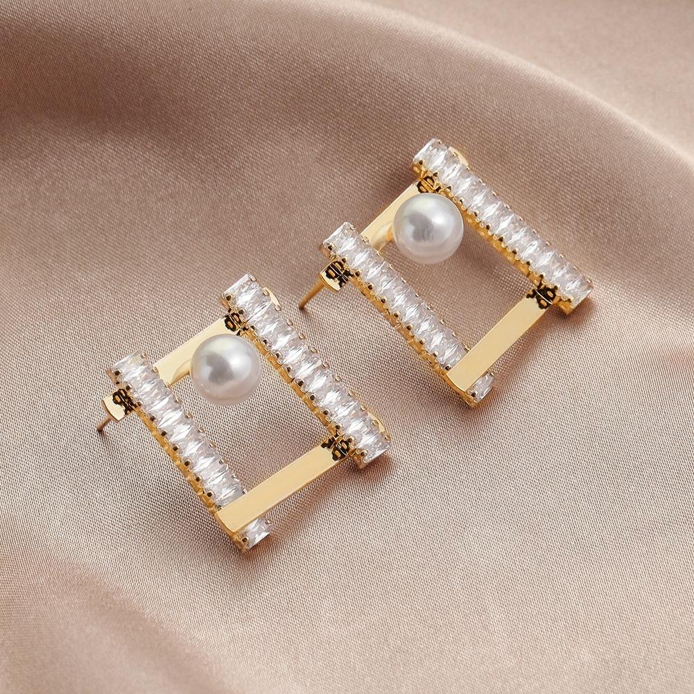 European fashion full diamond pearl retro square earrings ins simple zircon temperament square earrings jewelry