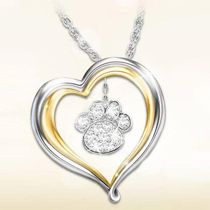 Fashion Ladies Two Color Heart Shape Water Diamond Cat Paw Pendant Necklace Head Jewelry