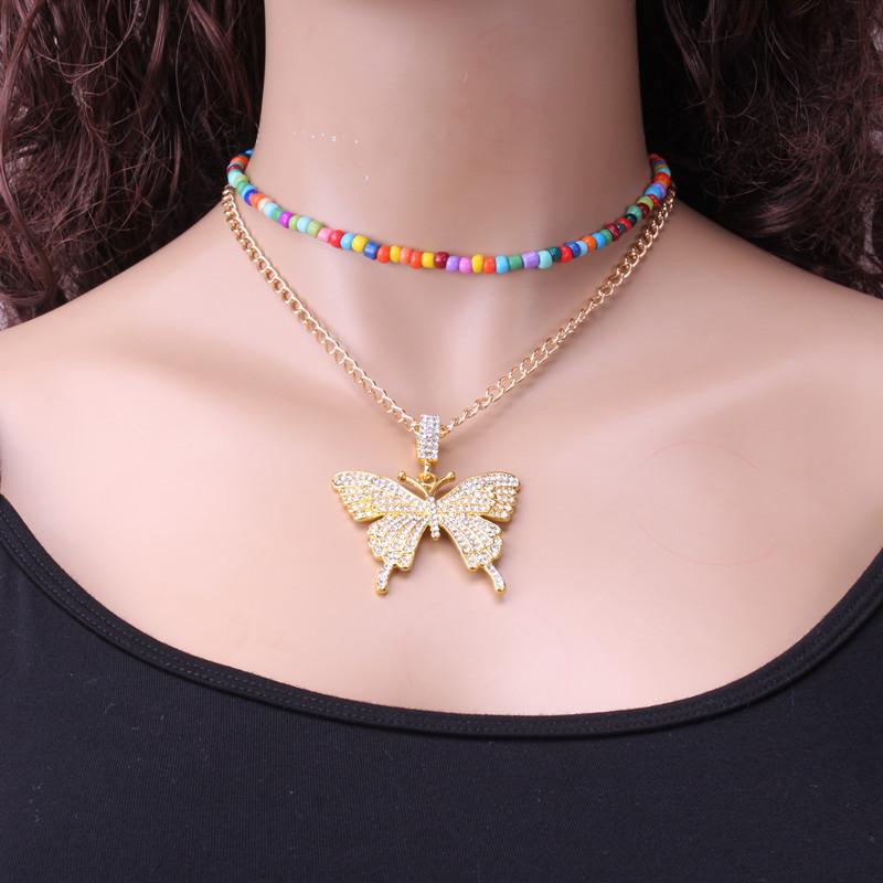 Fashion Jewelry Simple Rice Bead Set Necklace Autumn Alloy Diamond Big Butterfly Necklace