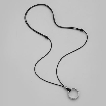 Simple Trendy Men's Fashion Pattern Design Ring Circle Pendant Adjustable Rope Necklace