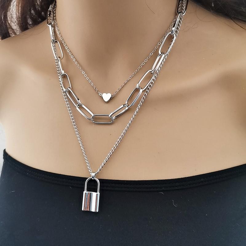 Jewelry Personality Punk Geometric Necklace Sweater Chain Female Simple Lock Shape Multilayer Peach Heart Necklace Female