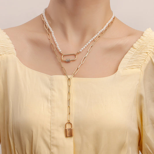 Jewelry punk double-layer imitation pearl long tassel lock-shaped pendant necklace female choker explosion