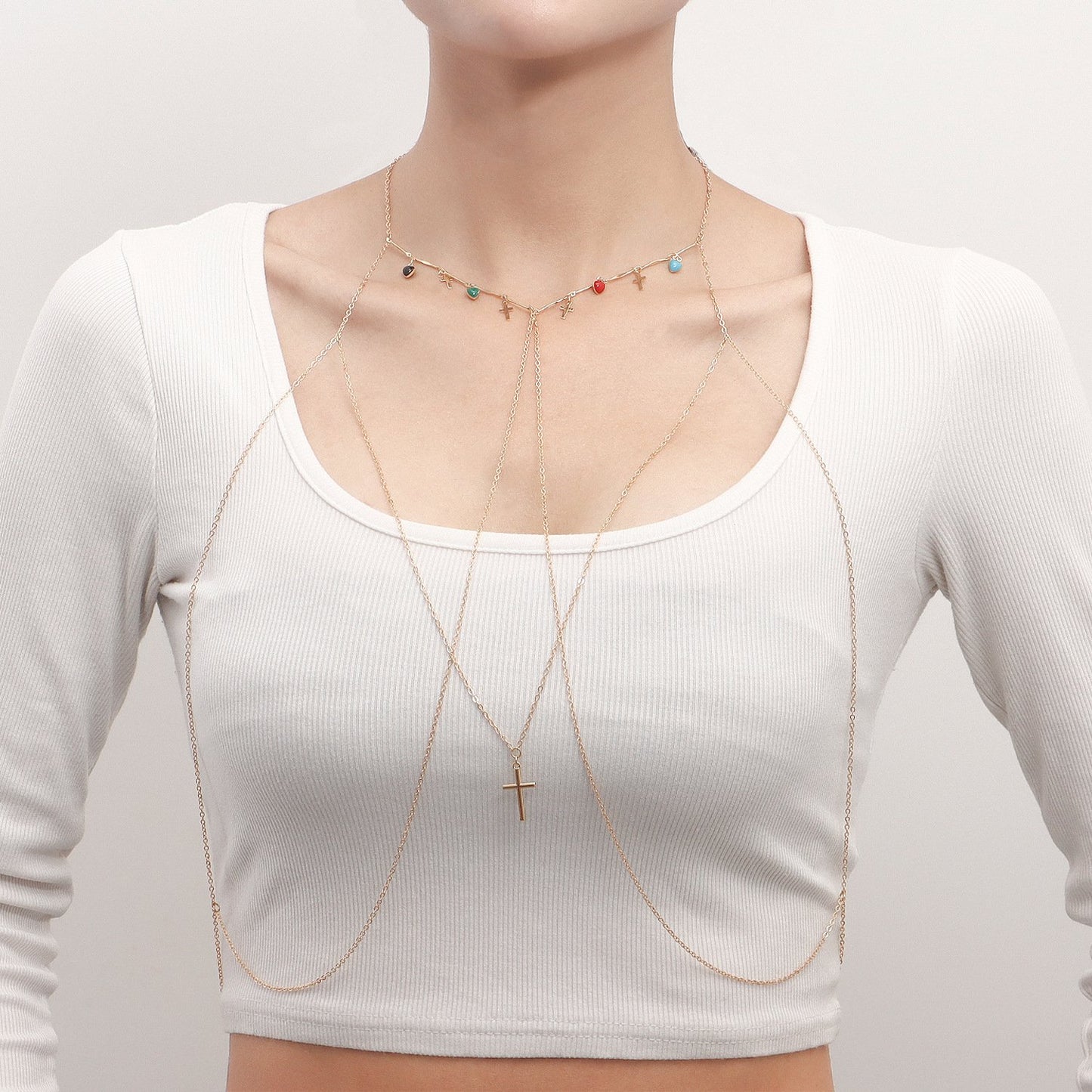 Jewelry ins drop oil love cross chest chain female accessories body chain whole body bodychain