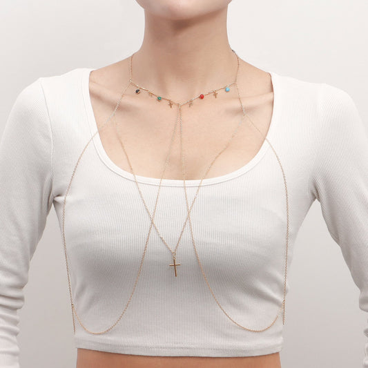 Jewelry ins drop oil love cross chest chain female accessories body chain whole body bodychain