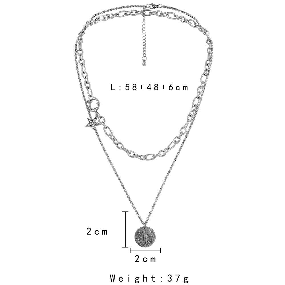 Trendy men's high-end stacked double-layer stainless steel Scorpio five-pointed star scorpion necklace oil pressure pendant