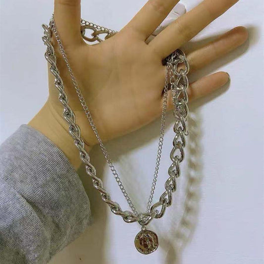 Thick chain necklace female ins trendy personality net red double clavicle chain retro round pendant short necklace