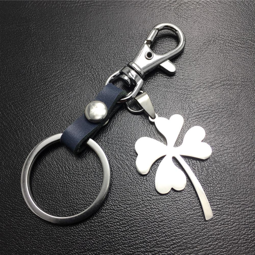 Four Leaf Lucky Flower Titanium Steel Pendant Leather Keychain Pendant Accessories