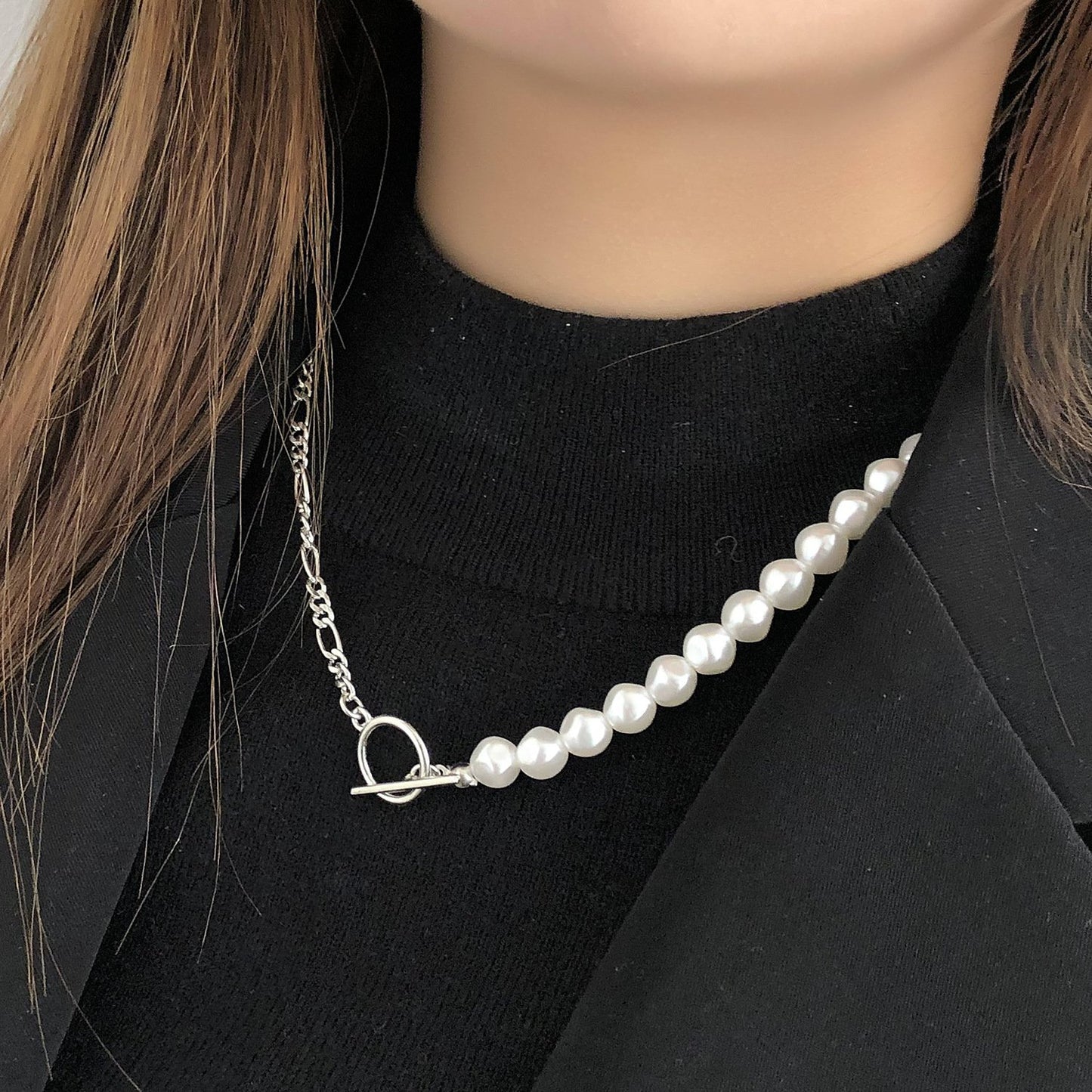 Jewelry fashion OT buckle AB style pearl necklace female hexagonal pearl handmade trend necklace