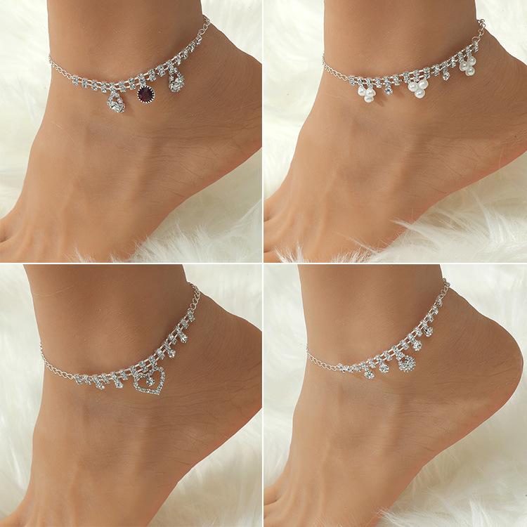 Diamond Chain Anklet Summer Bohemian Pearl Love Beach Foot Ornament for Women