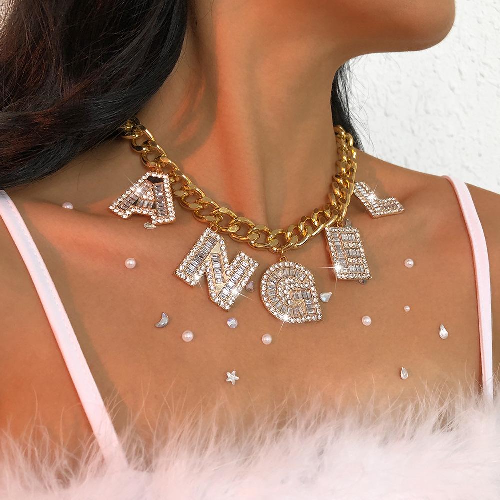 N9475 Geometric Exaggerated Necklace Net Red Punk Hip Hop Alphabet Necklace Full Diamond Light Luxury Chain Necklace