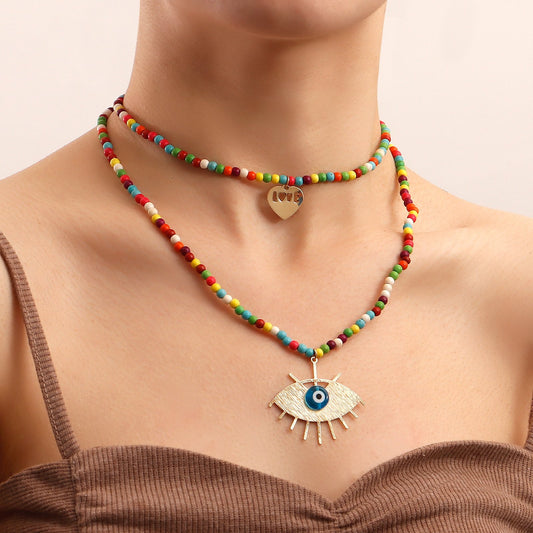 Jewelry personality fashion color turquoise devil's eye multi-layer necklace trend hip-hop eye necklace