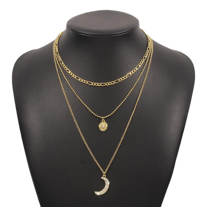 N8765 stacked multi-layered necklace diamond-studded alloy moon pendant necklace metal texture fashion necklace female