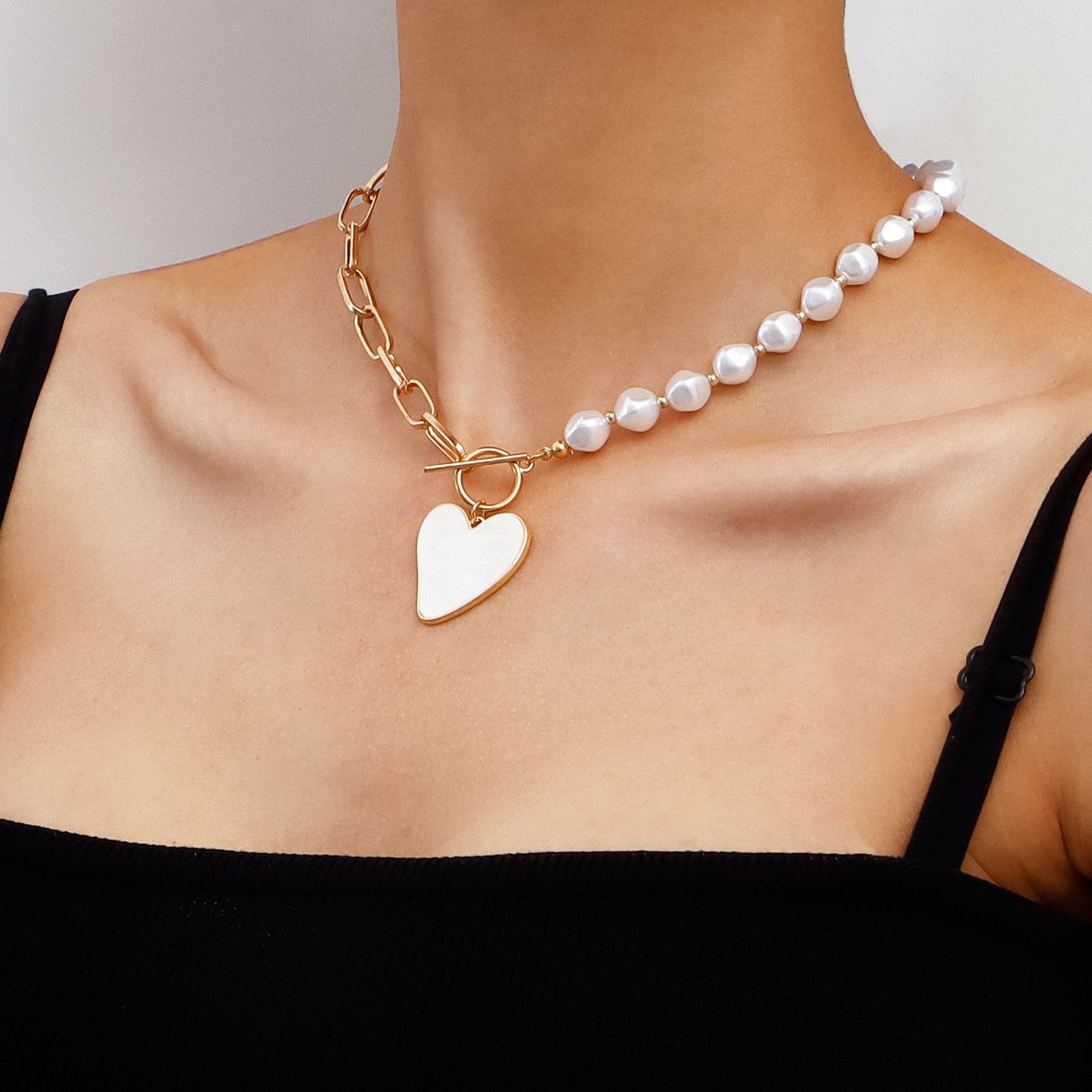 Jewelry Trendy Stitching Chain Geometric Rhombus Pearl Heart Fritillary Pendant Necklace Female Sweater Chain