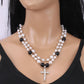 Fashion Vintage Ethnic Double Glass Pearl Pendant Simple Diamond Cross Necklace