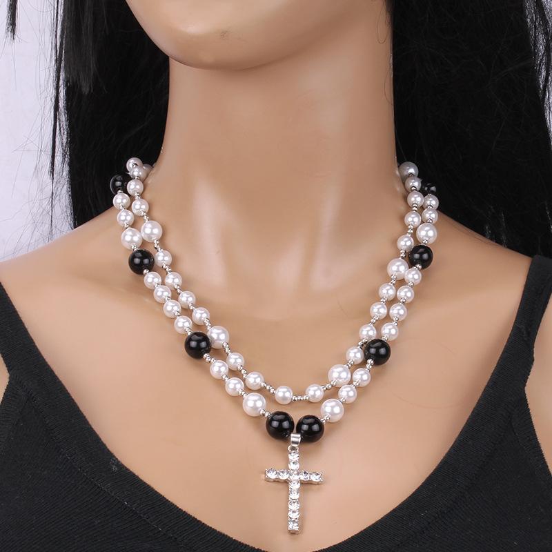 Fashion Vintage Ethnic Double Glass Pearl Pendant Simple Diamond Cross Necklace