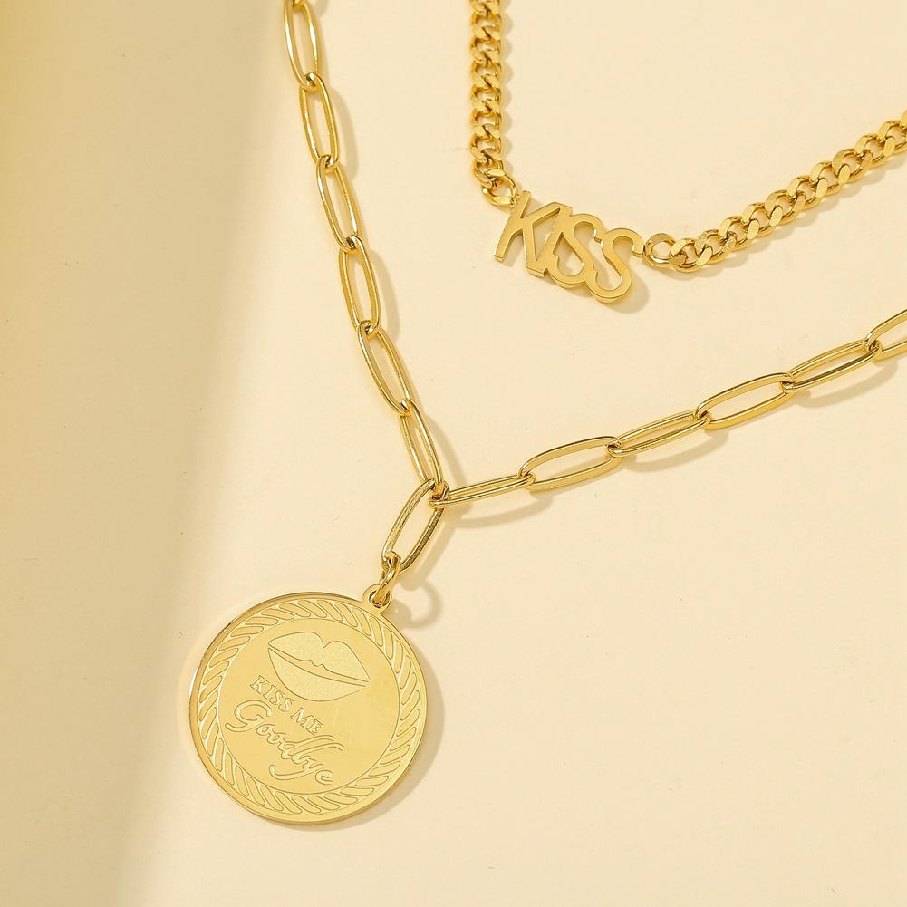 Titanium steel non-fading double-layer stacked letter round necklace KISS pendant collarbone chain versatile adjustable sweater chain