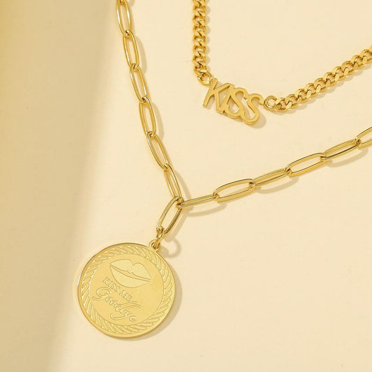 Titanium steel non-fading double-layer stacked letter round necklace KISS pendant collarbone chain versatile adjustable sweater chain