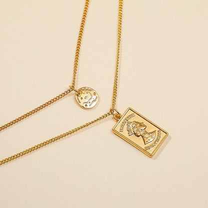 Necklace Creative Coin Embossed Avatar Hip Hop Shield Pendant Personality Trendy Double Layer Necklace