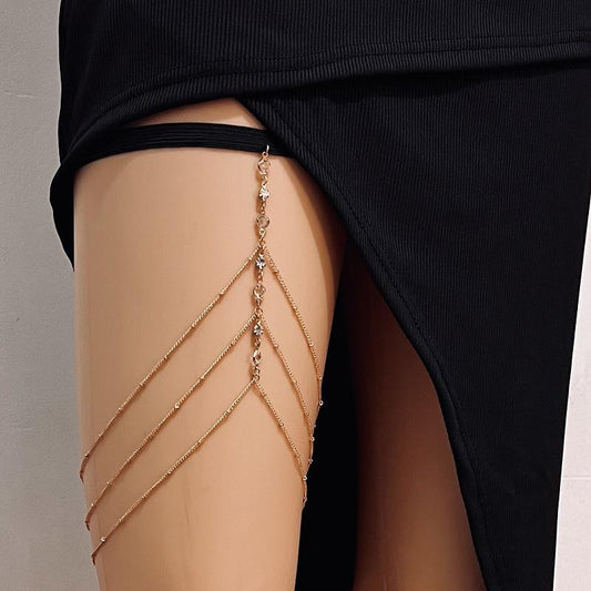 Bohemian three-layer tassel crystal pearl metal thigh chain female summer fashion sexy beach leg chain