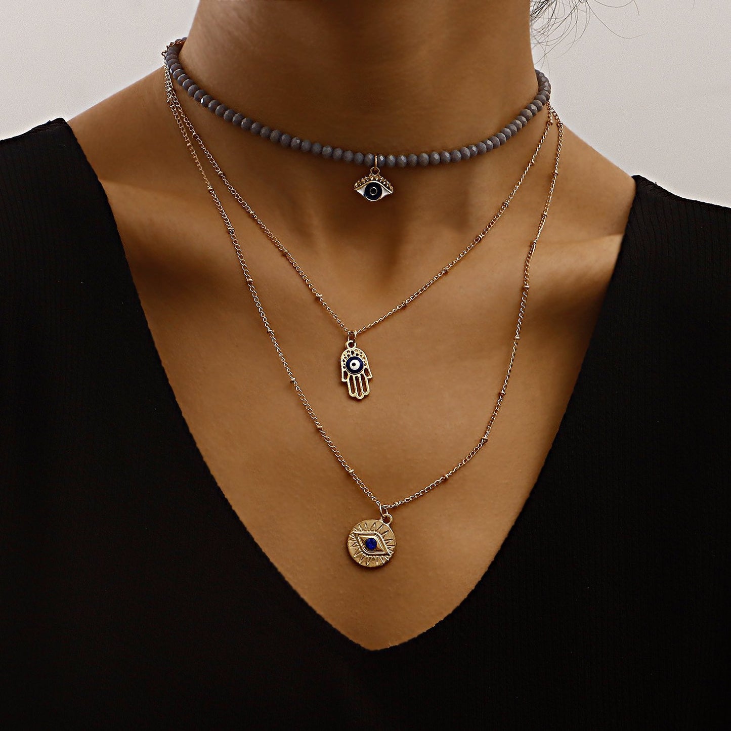 Jewelry trend multi-layer gray rhinestone blue devil's eye pendant necklace female personality necklace