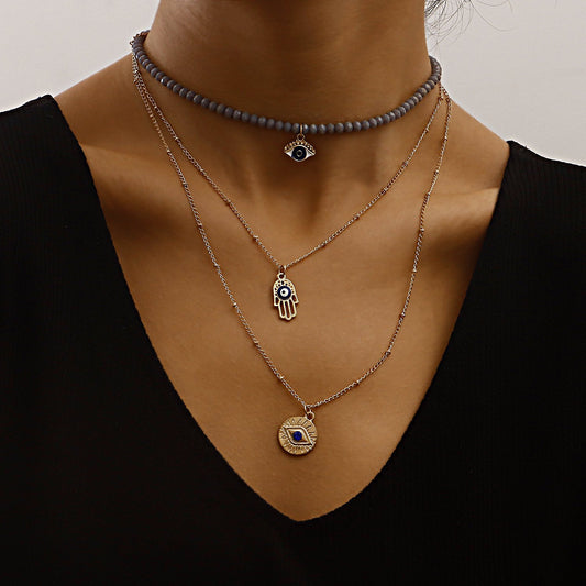 Jewelry trend multi-layer gray rhinestone blue devil's eye pendant necklace female personality necklace