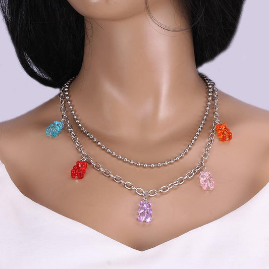 Jewelry bungee disco cool girl bead chain transparent jelly color five-color bear necklace