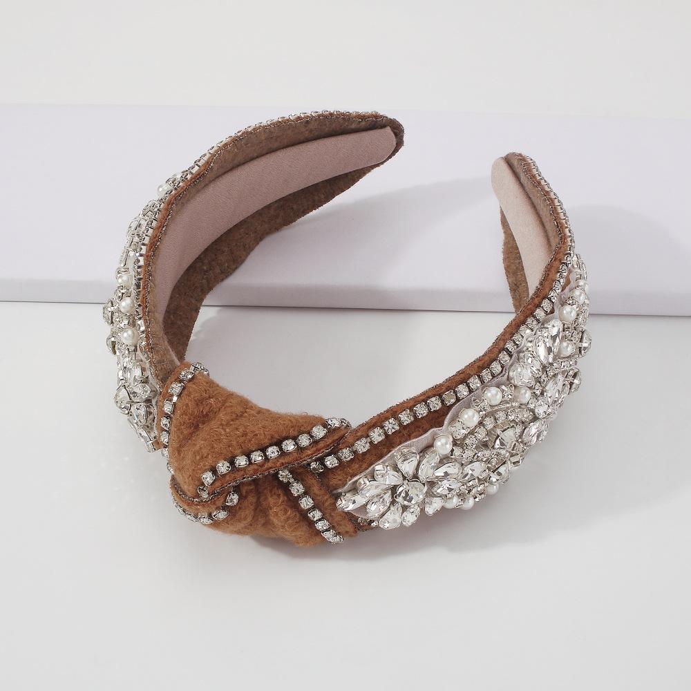 F3654 Jewelry fashion velvet knotted headband with diamonds and imitation pearl wide-brimmed French temperament headband