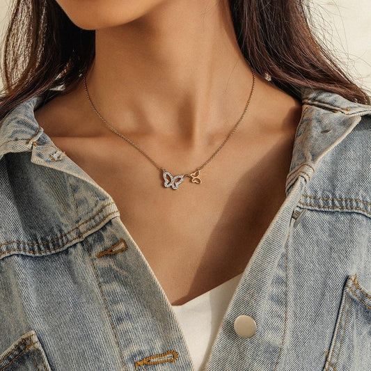 Stainless Steel Hollow Double Butterfly Full Diamond Necklace Light Luxury Niche 18K Gold Plated Titanium Steel Clavicle Chain