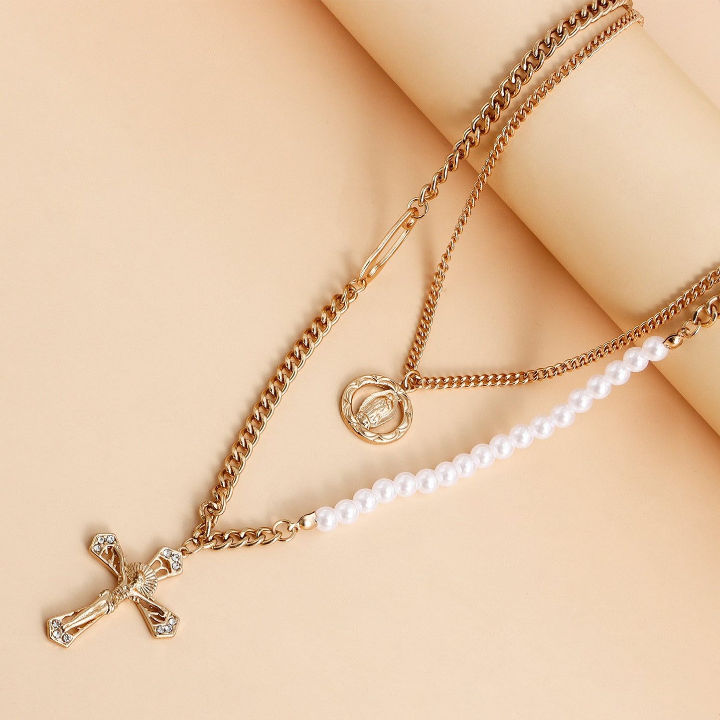 Explosive Necklace Fashion Personality Design Double Stacked Clavicle Chain Pearl Stitching Cross Sweater Chain