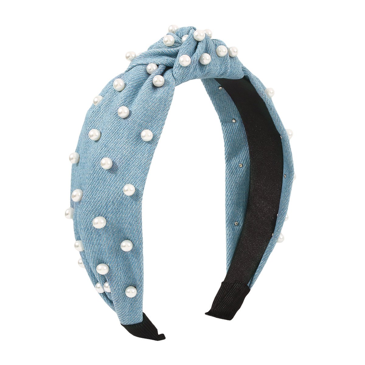 F479 Simple solid color knotted headband imitation pearl denim daily going out washing face ladies headband