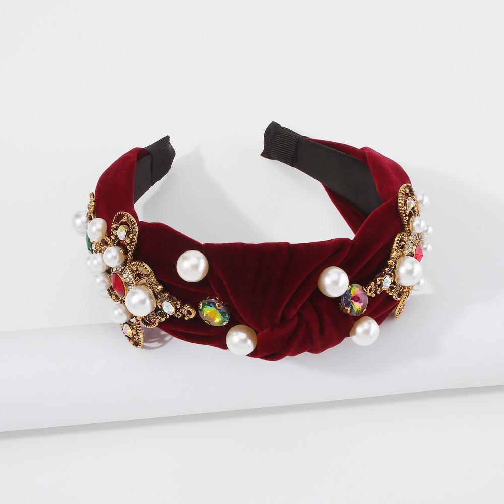 F357 wide-brimmed headband women's golden velvet knotted light luxury headband retro creative pearl hair accessories