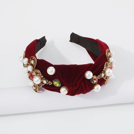 F357 wide-brimmed headband women's golden velvet knotted light luxury headband retro creative pearl hair accessories