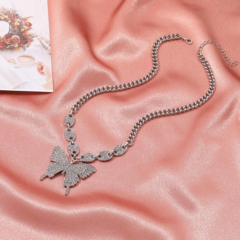 Exaggerated Butterfly Necklace Punk Micro-set Rhinestone Geometric Clavicle Chain Retro Cuban Hip Hop Sweater Chain