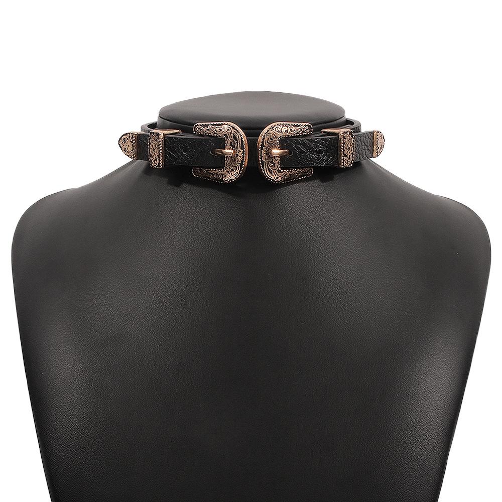 N9556 Street Shot Exaggerated Necklace Personality Neck Leather Necklace Metal Buckle Fashion Choker